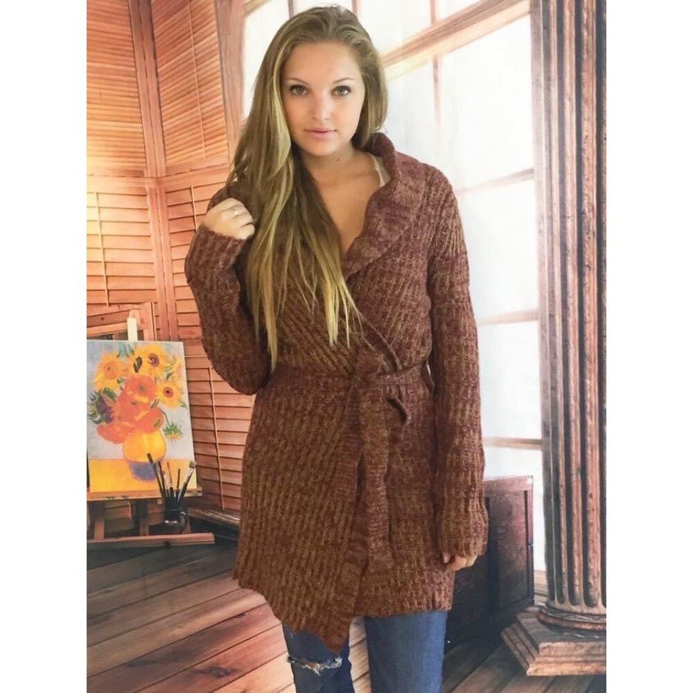 NWT Rust Removable Faux Fur Trim Tie Waist Longline Cardigan Knit | Old Money S